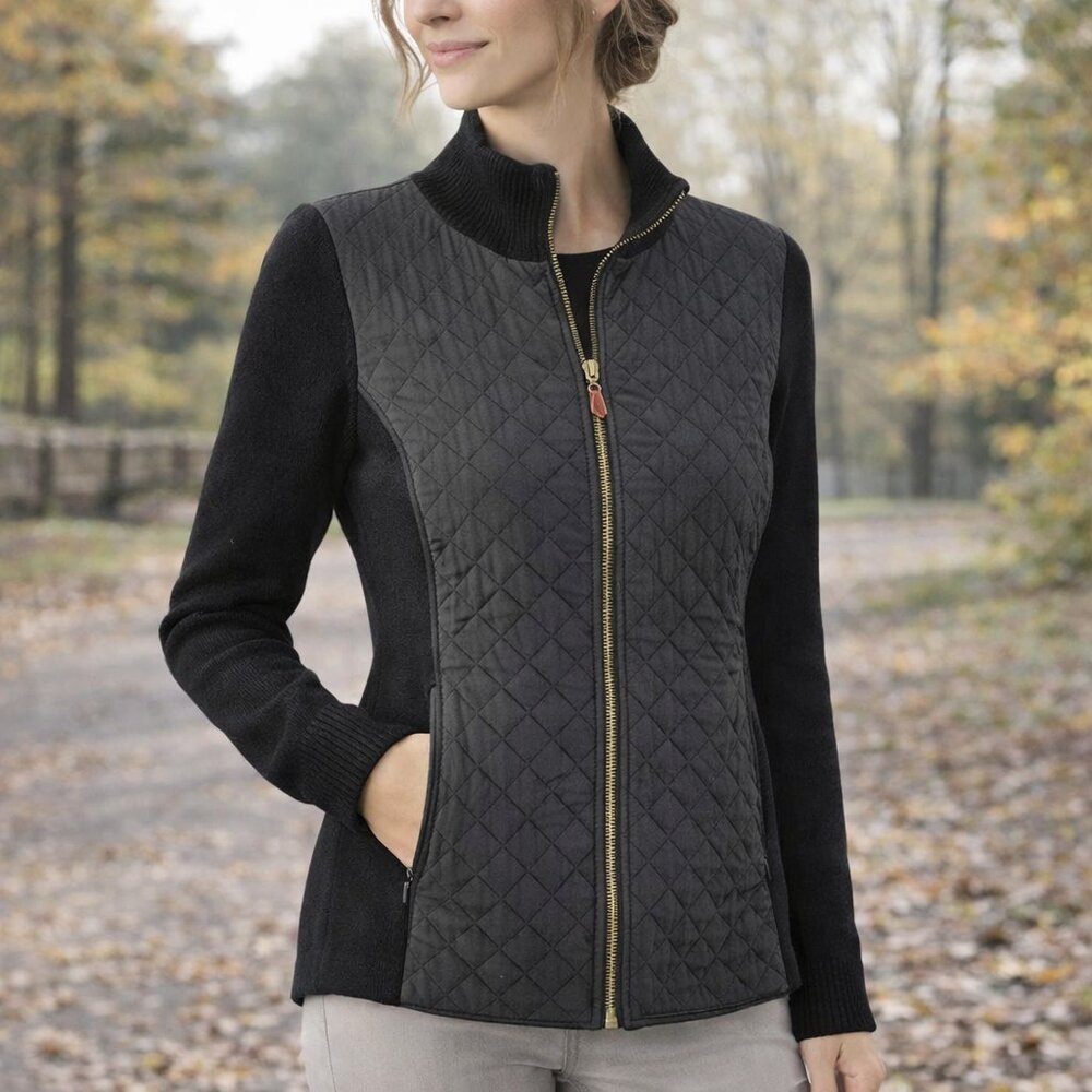 J.McLaughlin Black Knit & Quilted Jacket M Equestrian Preppy Quiet Luxury NWOT